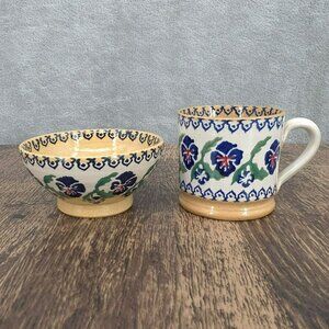 Nicholas Mosse Pottery Set Pansy Espresso Coffee Mug Bowl Irish Colorful Floral